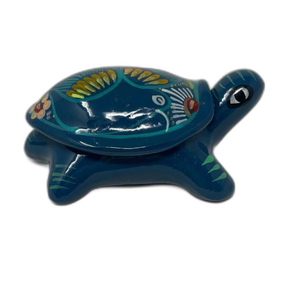 Mexican Folk Art Talavera Art Pottery Hand Painted Turtle Trinket Dish 5”T
